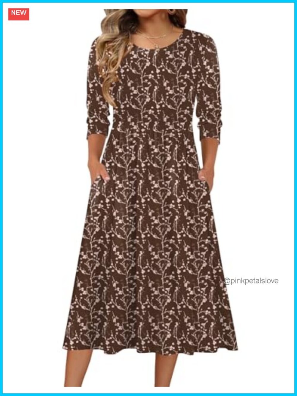 Zeagoo Women's 3/4 Sleeve A-Line Midi Dress with Pockets Casual